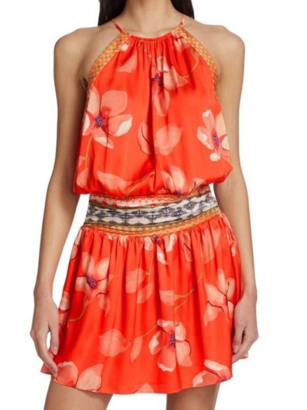 NWT Ramy Brook Rafi Halter Mini Dress Orange Floral Print Smocked Waist Size M